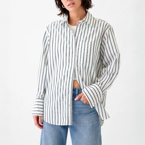 GAP Organic Cotton Big Shirt Green Stripe Oversized Sz Small Petite - Picture 1 of 6